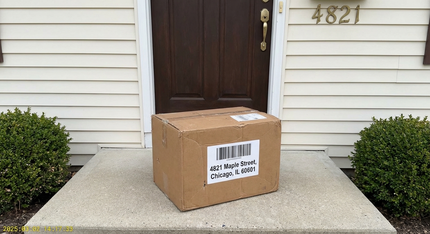 AI-generated delivery proof photo: package at 4821 Maple Street