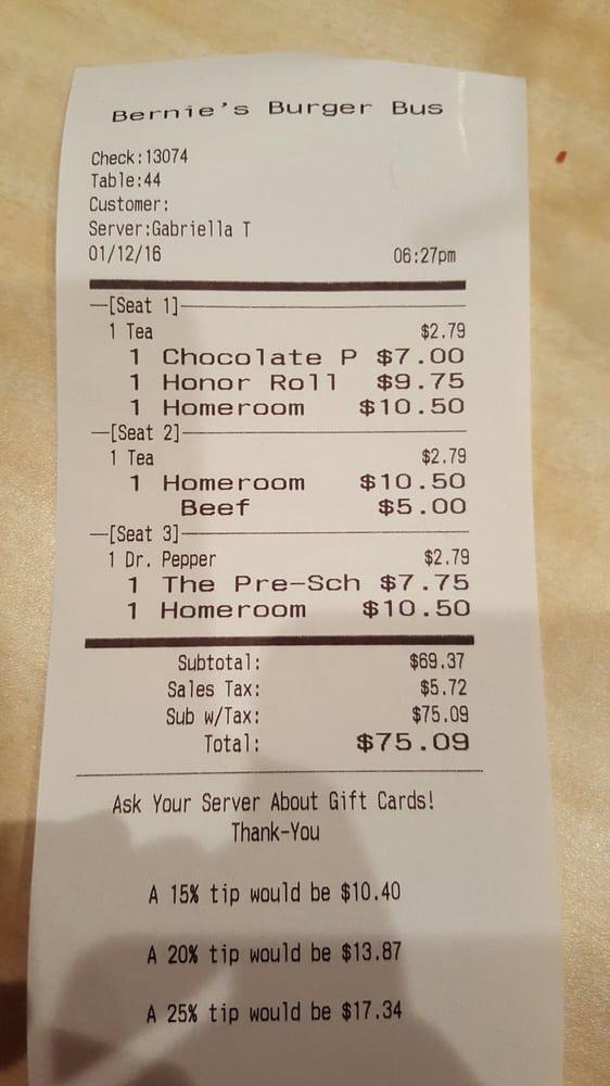Bernie's Burger Bus original receipt